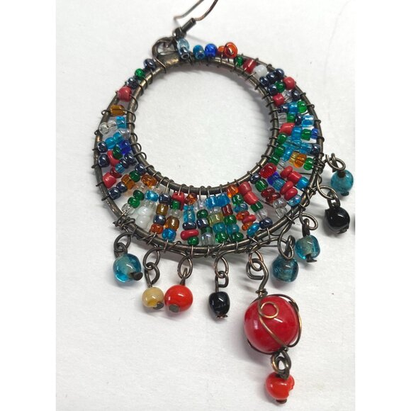 Colorful Beaded Hoop Earrings with Dangle Accents Silver Tone Seed Bead Rainbow - Picture 2 of 6